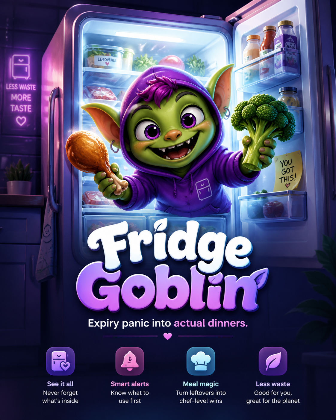 Fridge Goblin mascot emerging from a fridge with food